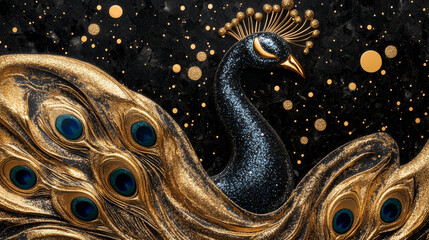 Stylized peacock with shimmering metallic feathers and golden brushstrokes, festive luxury design in black, gold, and icy silver, holiday celebration artwork, AI generated