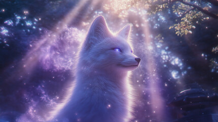 Surreal guardian fox spirit, palette of spectral violet, radiant cyan, and shimmering pearl, conceptual dreamcore artwork, AI generated