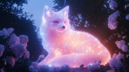 Surreal guardian fox spirit glowing with ethereal light at Japanese shrine, mystical aura, AI generated