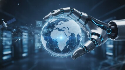 Robot hand holding a digital globe, symbolizing global artificial intelligence and networking. Data visualization for future technology and communication.