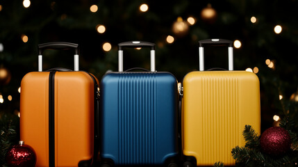 Three suitcases in orange, yellow, and blue, palette of ruby red, forest green, and shimmering gold, cozy festive travel design