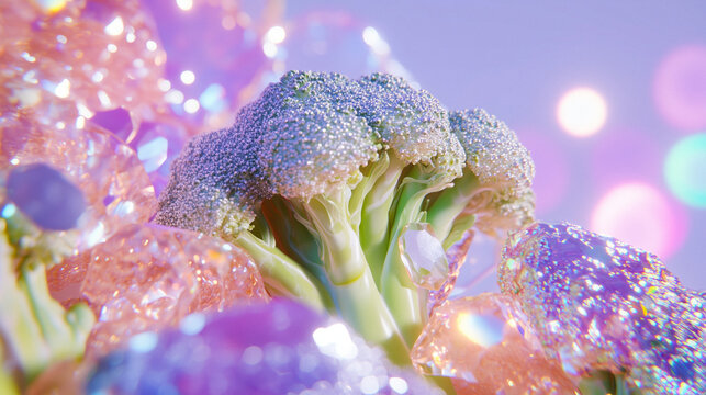 Surreal glowing display of broccoli and Brussels sprouts, ethereal gradients and mystical atmosphere, palette of spectral violet, radiant cyan, and shimmering pearl, dreamcore food design, AI
