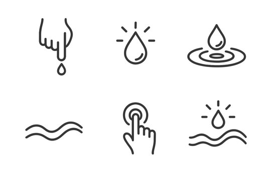 Liquid Touch Icons. Line style icons of Liquid Touch: dripping finger, glowing droplet, fluid ripple, curved wave, soft touchpoint