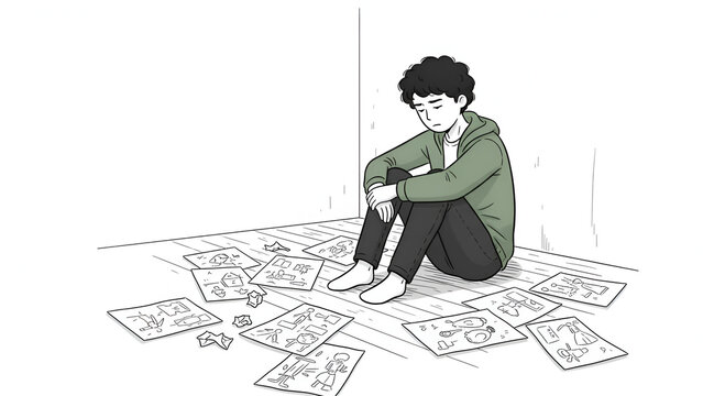 Young man sitting on floor surrounded by scattered drawings and papers