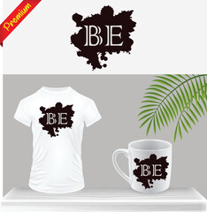 BE logo on T-shirt mug and leaf isolated on transparent background