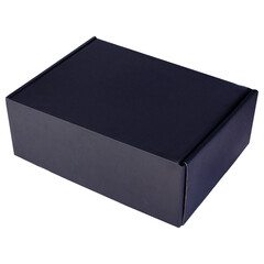 Closed dark blue corrugated cardboard box on a white background, studio shot