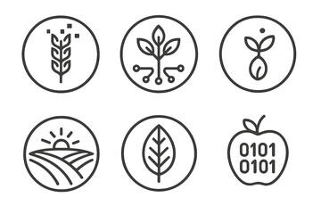 Digital Agriculture Icons. Line style round vector icons of Digital Harvest: pixel wheat, circuit crop, data seed, glowing field,