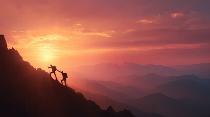 silhouette of two hikers helping each other on a mountain at sunset