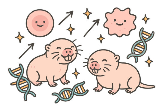 Happy Mole-Rats Study. Cute doodle cancer resistance study with smiling mole-rats, cartoon cells with faces, cheerful DNA strands,