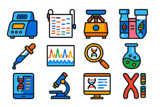 Genetic Analysis Icons. Flat vector icons of genetic analysis techniques: PCR machine, gel electrophoresis, centrifuge, DNA