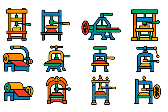 Historical Printing Press Icons. Flat vector icons of Historical Printing Presses: Gutenberg press, iron hand press, proof press,