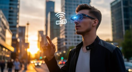 Man wearing futuristic augmented reality glasses with glowing wi-fi 7i symbol. Wireless technology and future smart city connection concept.