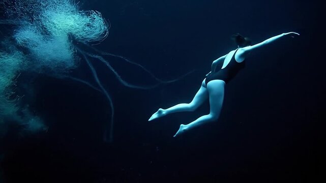 Woman Swimmer Gliding Through Deep Dark Water Blue Light Energy Trails Abstract Concept Freedom Depth Mystery Performance Movement