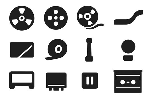 Tape Technology Icons. Solid style icons of Tape Technology: Open Reel, Tape Hub, Tape Spool, Leader Strip, Tape Edit Block,