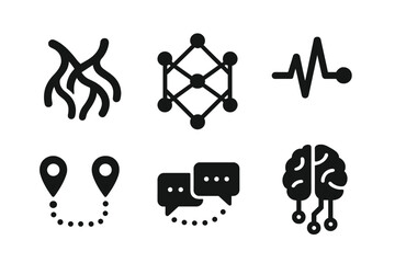 Symbiotic Communication Icons. Solid style icons of symbiotic communication systems: intertwined mycelium, node networks, pulse