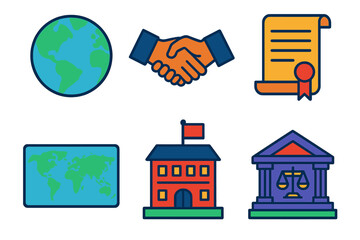 Fototapeta premium International Treaty Icons. Isometric vector illustration set International IP Treaties: globe icon, handshake agreement, legal