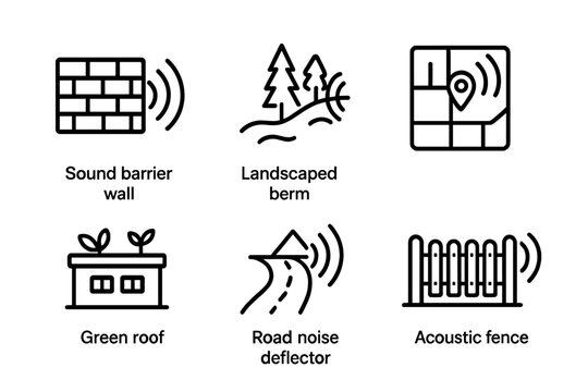 Outdoor Noise Control Icons. Line style icons of Outdoor Noise Control: sound barrier wall, landscaped berm with wave symbol,