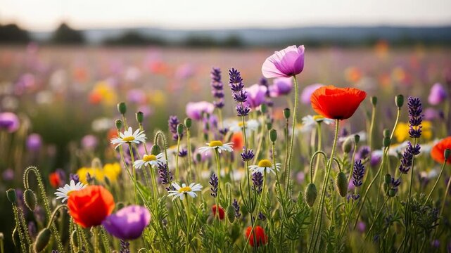 Vibrant colorful flowers in a lush green field with blurred background at sunset, 4k videos