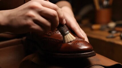 Craftsman carefully polishing a classic leather brogue shoe, traditional shoemaking