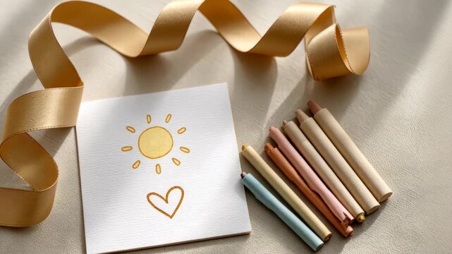 Sunlit artistic creation with pastel chalks and ribbon detailing