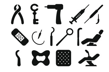 Fototapeta premium Dental Surgery Tools. Solid style icons of Dental Surgery: Forceps, Tooth Key, Drill, Syringe, Bandage, Needle, Hook, Mouth Mirror