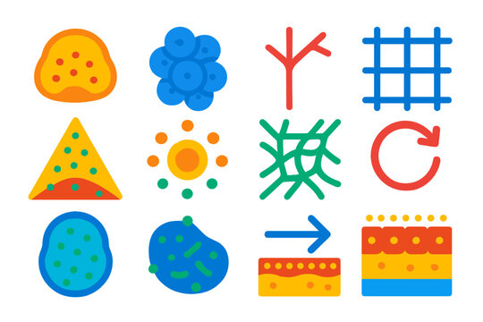 Tissue Development Icons. Flat vector icons of tissue development and mechanics: developing tissue, cell cluster, branching