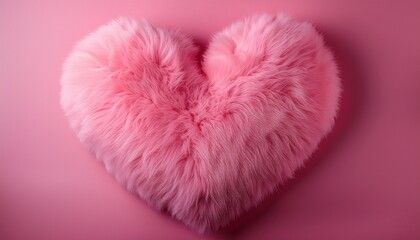 large pink heart shaped cushion closeup fluffy faux fur pillow soft pink heart cushion on pink background plush heart shaped pillow creating warm feeling