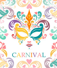 Carnival mask. Festive background. Hand drawn. Not AI, vector illustration