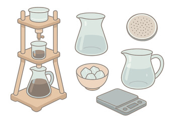 Artisan Elixir Tools. Isometric vector illustration set of Artisan Elixir Tools: cold brew dripper tower, glass container, metal