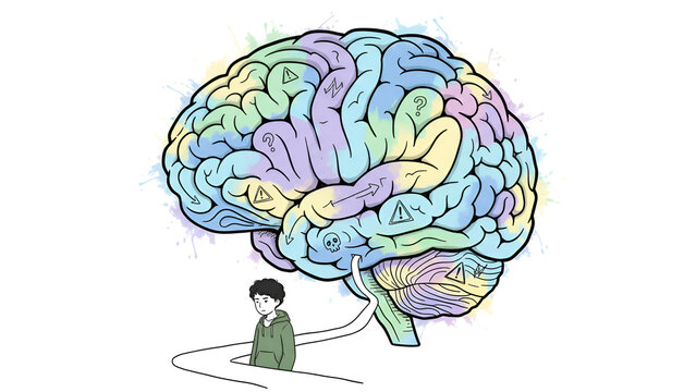 Young man walking on path entering large colorful human brain
