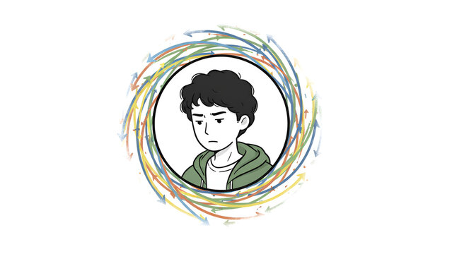 Close-up young man portrait inside swirling colorful circular frame