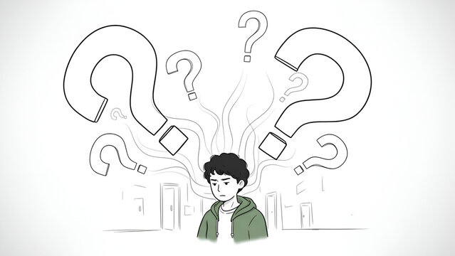 Young man surrounded by large floating question marks in city street