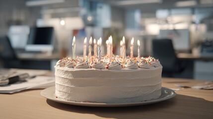 celebration at the office birthday cake lit with candles celebrating with coworkers in the background creating a festive and joyful atmosphere