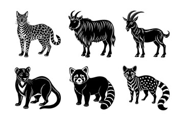 A black vector set collection of wild animal and domestic pet silhouettes including dog, cat, horse, tiger, elephant, and deer mammal shapes for illustration