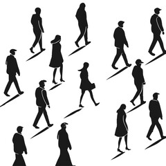Silhouettes of people walking in various poses against a white background.