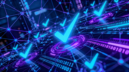 Abstract digital network with glowing check marks symbolizing verified access, secure systems, and futuristic cybersecurity confirmation.