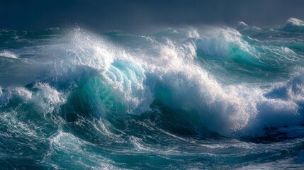Fototapeta premium A dramatic ocean scene capturing a wave cresting, showing its power and the interplay of light and water. Dramatic skies