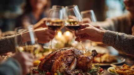 Obraz premium group of happy friends toasting with wine at a dinner party people celebrating thanksgiving or christmas holiday meal at home festive gathering with roasted chicken and food on the table