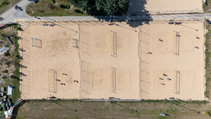 Aerial View of Sand Volleyball Courts with Players