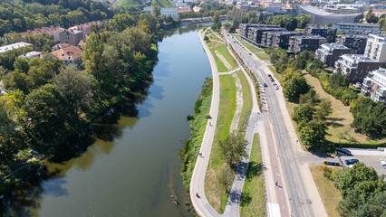 Aerial View of River and Urban Landscape