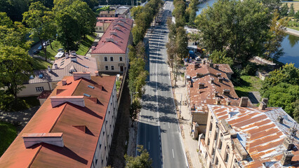 Aerial View of Urban Street with Historic Buildings
