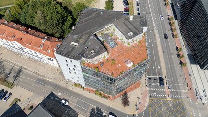 Aerial View of Abandoned Graffiti-Covered Building