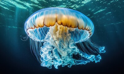Vibrant blue jellyfish floating gracefully in a deep ocean, illuminated by soft bioluminescent light, creating a serene underwater scene,