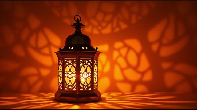 Illuminated arabic lantern with warm light and shadow patterns on orange background
