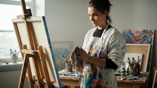 Young female artist focused on painting canvas, creating modern artwork in her studio