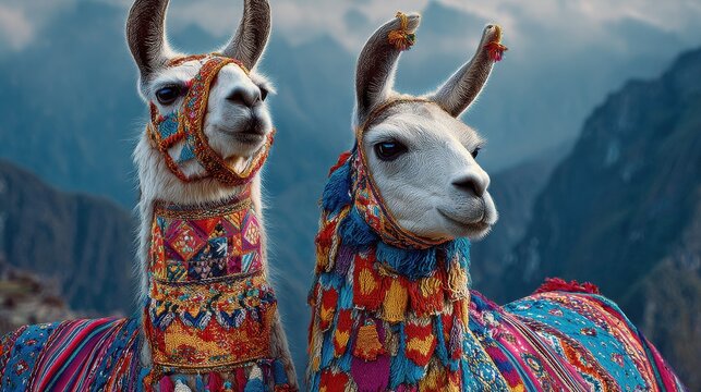 llamas adorned in colorful textiles against majestic mountain backdrop peru