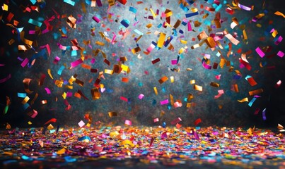 Vibrant explosion of colorful confetti against a dark background, soft glowing light emphasizing the festive celebration concept