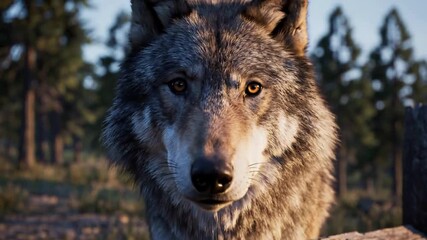 Majestic wolf portrait intense gaze wild animal close up in natural forest environment with soft