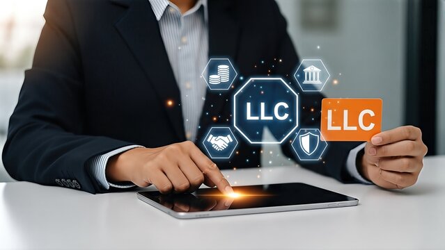 Business professional in a suit interacting with a tablet, showcasing LLC concepts with digital icons representing finance, partnership, and legal protection in a modern office environment
