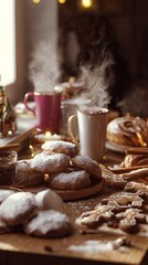 hyper realistic photo of homemade Christmas desserts on a kitchen table, gingerbread cookies